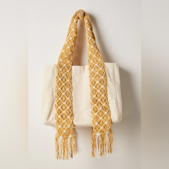 Free People Mia Macrame Strap Tote In Dandelion Beige & Yellow Bag NEW $128! - Picture 2 of 4